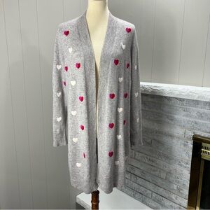 Charter Club Cashmere Grey Embroidered Hearts Long Open Front Cardigan Sweater L